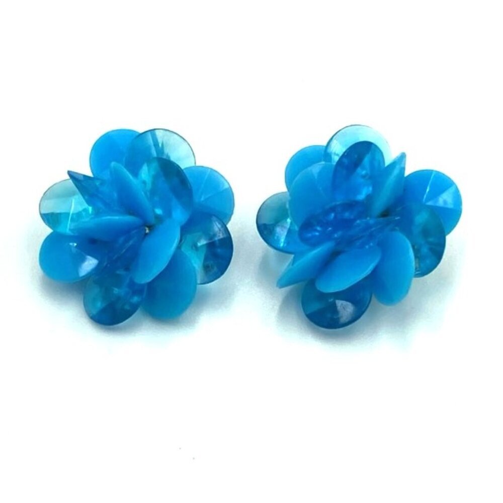 Vtg Bright Blue Clip Earrings Acrylic Jellied Hong Kong 1" D Flower Bead Cluster